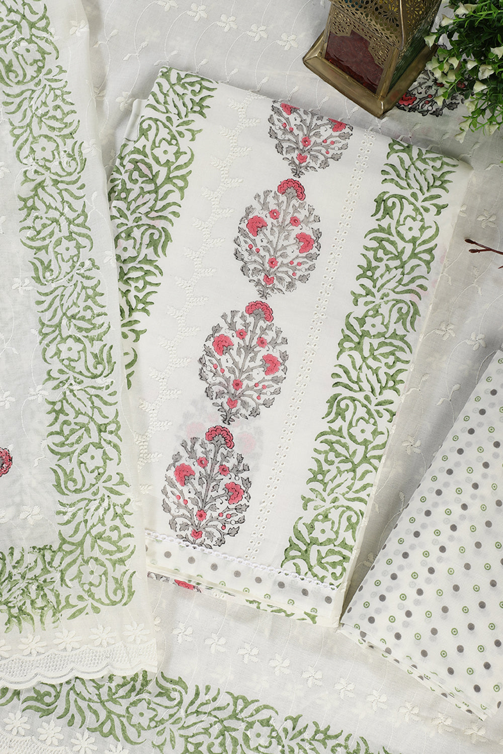 Cream & Green Printed And Resham Embroidered Unstitched Suit Fabric