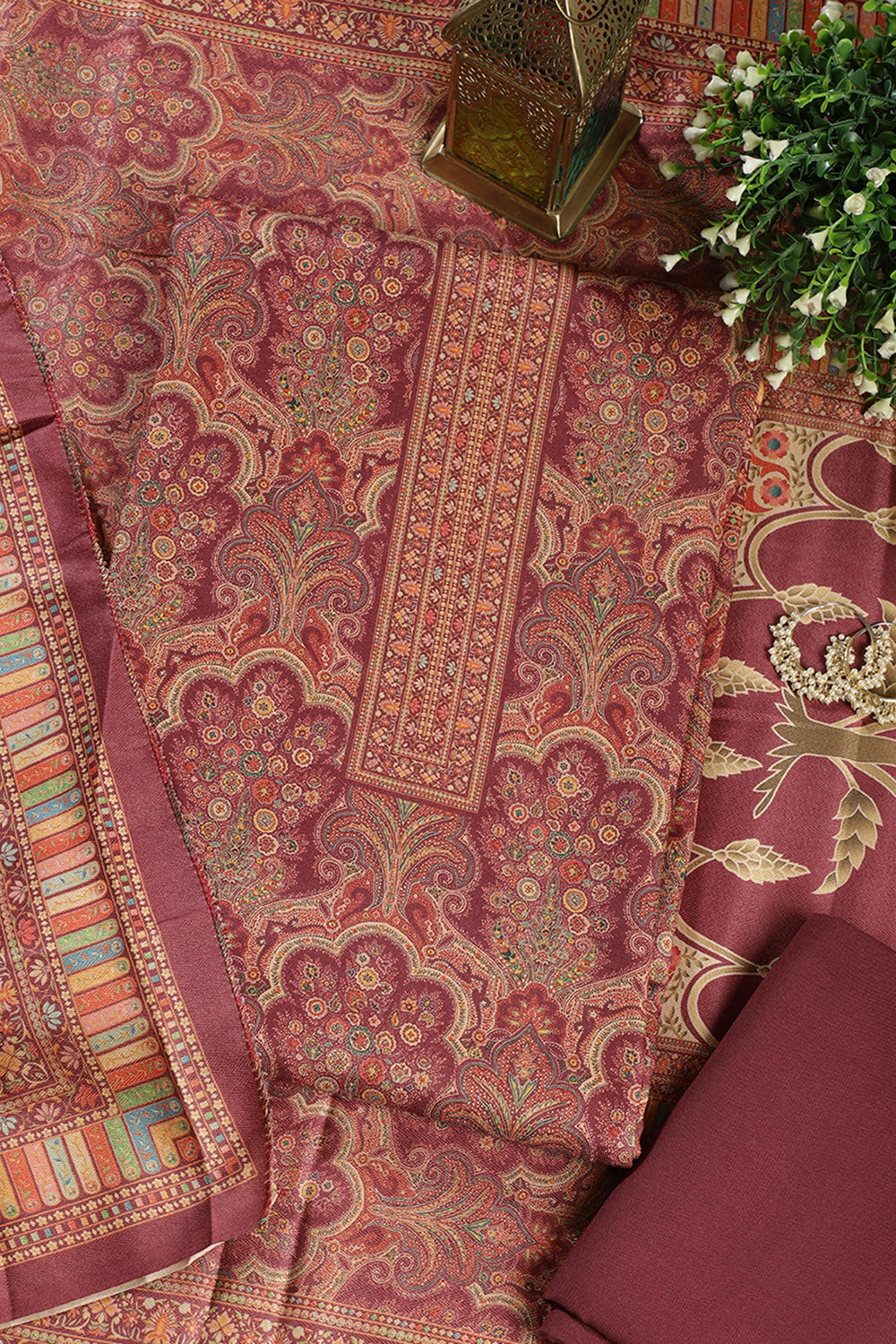 Wine Colour Pashmina Digital Printed Unstitched Suit Fabric – Meena ...