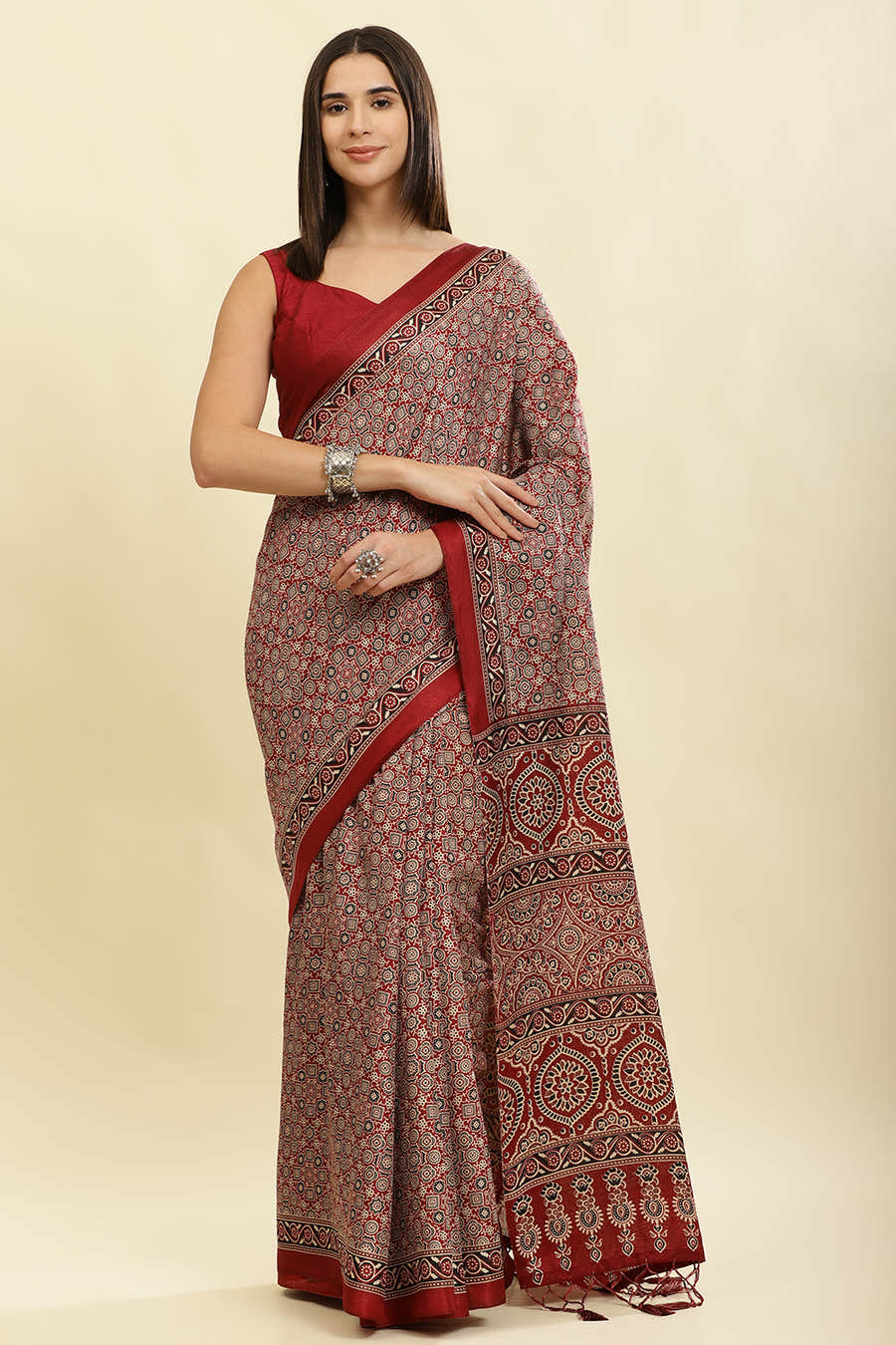 Maroon Cotton Silk Ajrakh Block Printed Saree