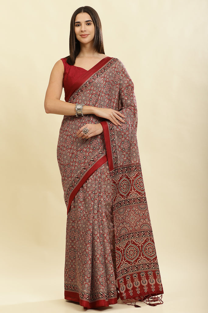 Maroon Cotton Silk Ajrakh Block Printed Saree
