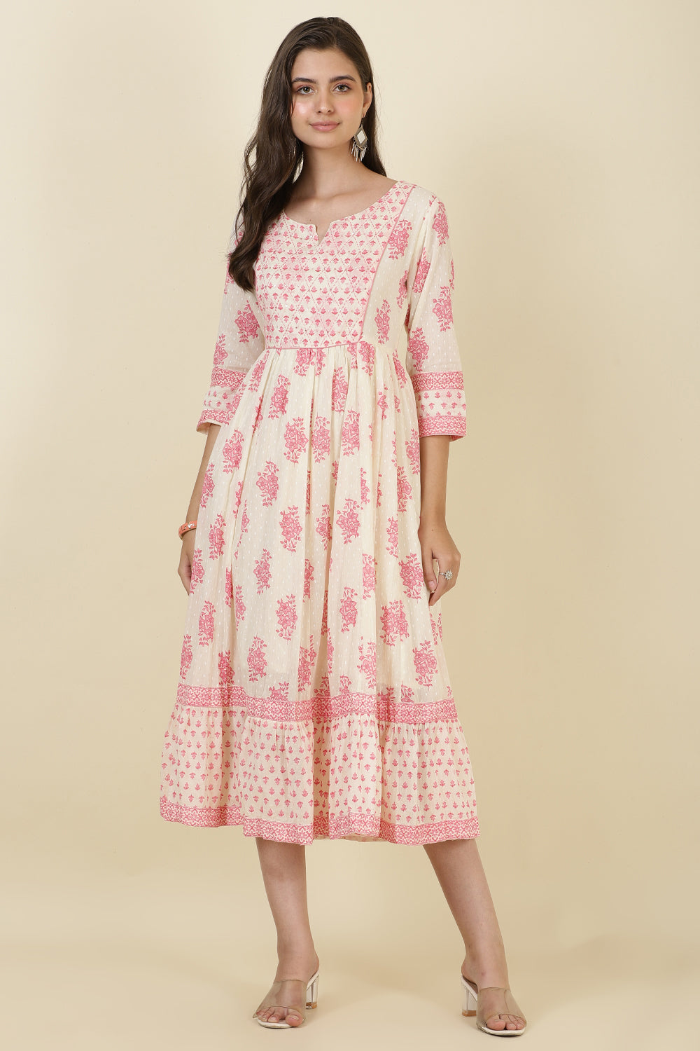 Cream & Pink Cotton Printed (Peonies) Anarkali Kurti