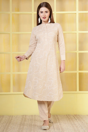 Beige Cotton Resham Embroidered Kurta Set