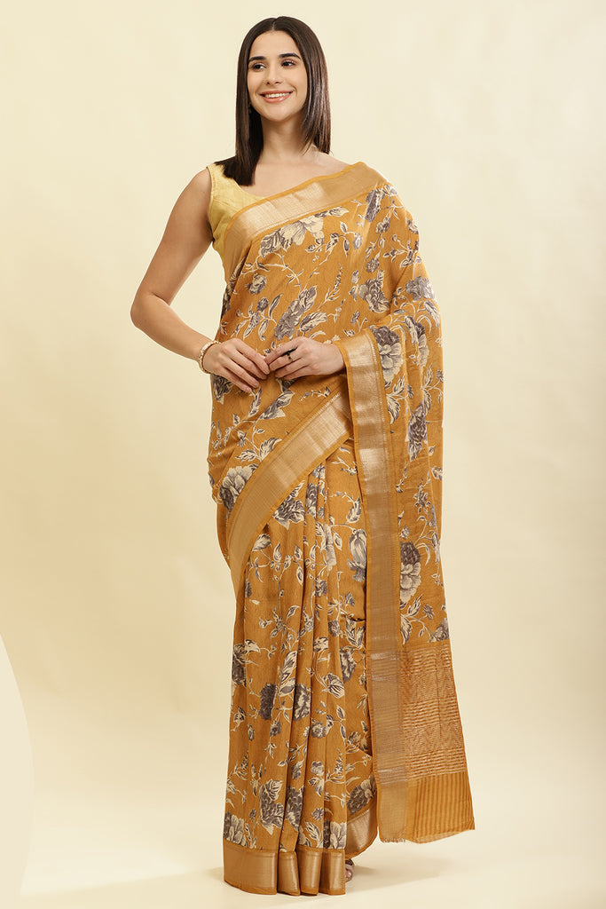 Mustard Cotton Silk Floral Printed & Zari Border Saree