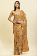 Mustard Cotton Silk Floral Printed & Zari Border Saree