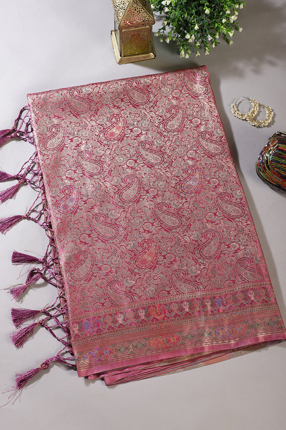 Mauve Baluchari Silk Meenakari Woven Saree