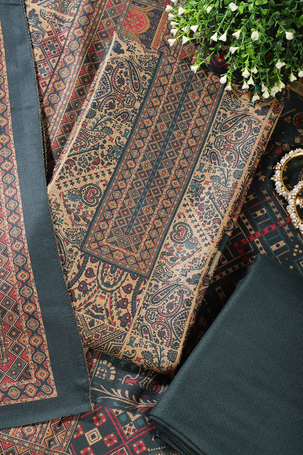 Teal Pashmina Digital Printed Unstitched Suit Material