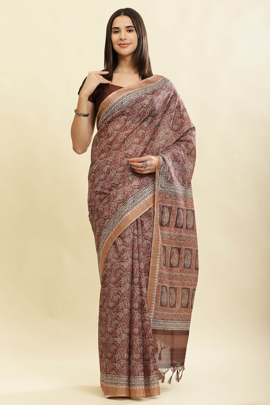 Brown Cotton Silk Floral Boota Printed Saree
