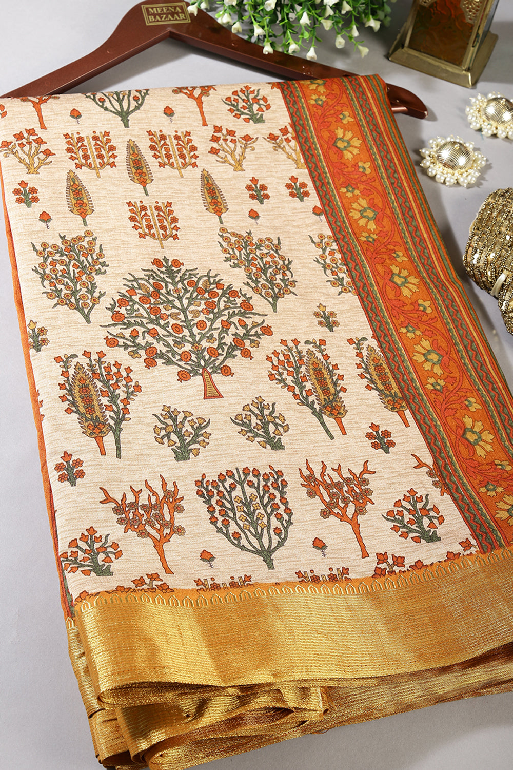 Beige & Orange Color Tree-Like Structures Printed Tussar Silk Saree