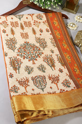 Beige & Orange Color Tree-Like Structures Printed Tussar Silk Saree