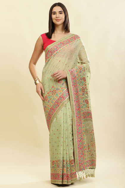 Pista Green Chanderi Cotton kashida Weaves Saree