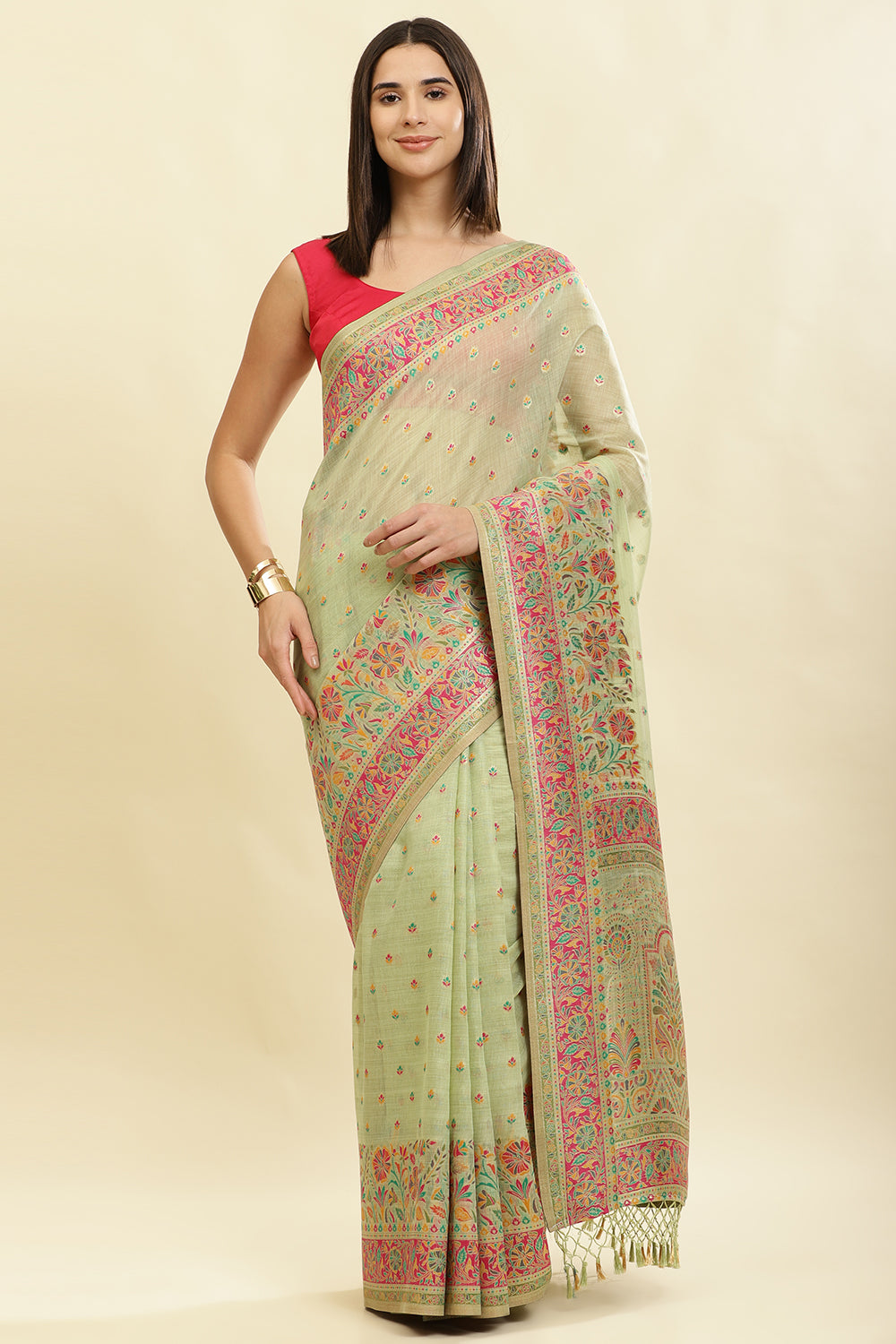 Pista Green Chanderi Cotton kashida Weaves Saree
