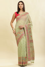 Pista Green Chanderi Cotton kashida Weaves Saree