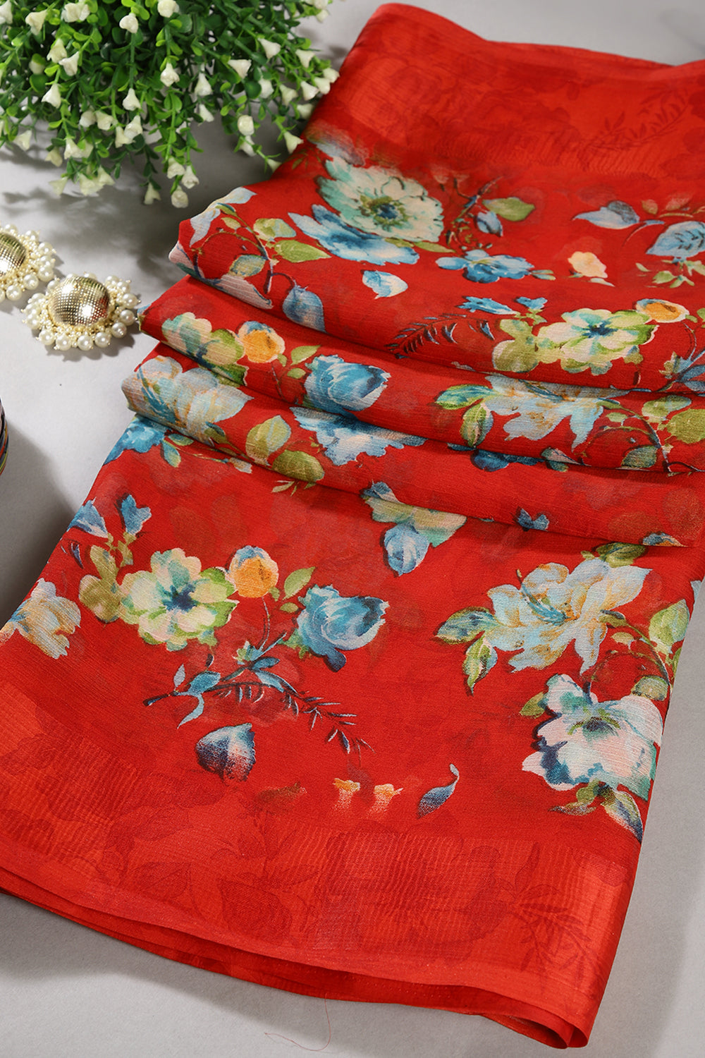 Red Color Floral Printed Chiffon Saree