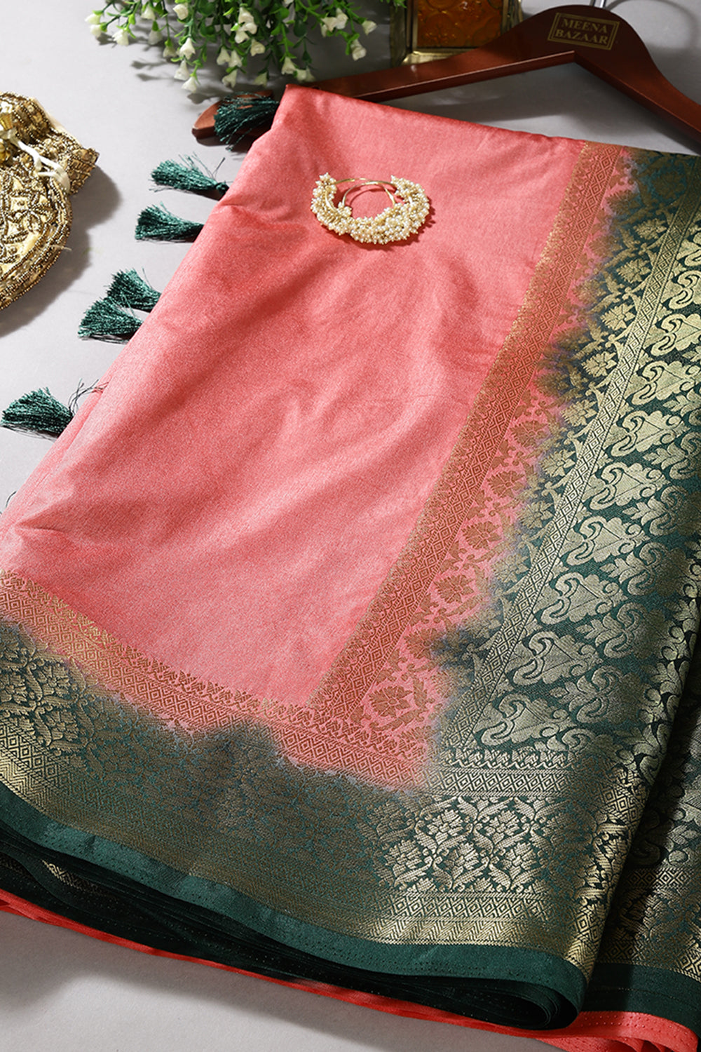Light Peach & Green Ombré  Silk Zari Woven Saree