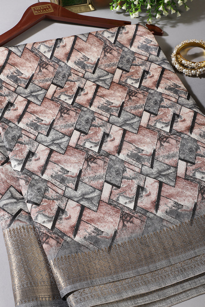 Grey Colour Cotton Silk Abstract Printed Saree