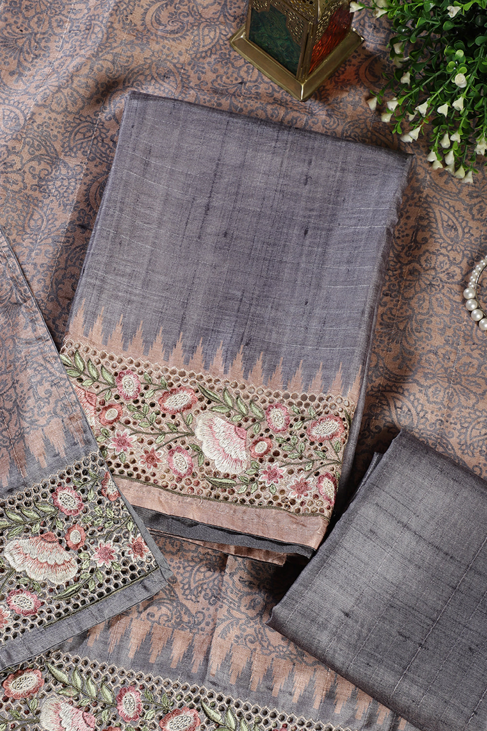 Grey Tussar Cotton Floral Lace Work Unstiched Suit Material