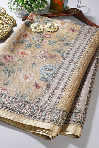 Gold Floral Printed Metallic Tissue Saree