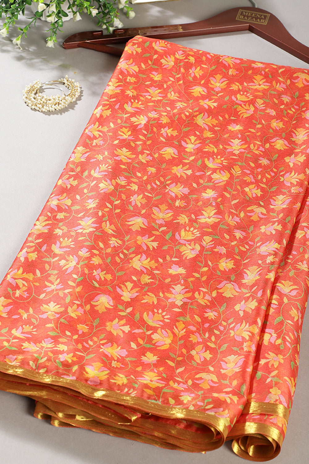 Orange Color Chiffon Floral  Printed & Zari Border Saree