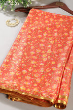 Orange Color Chiffon Floral  Printed & Zari Border Saree