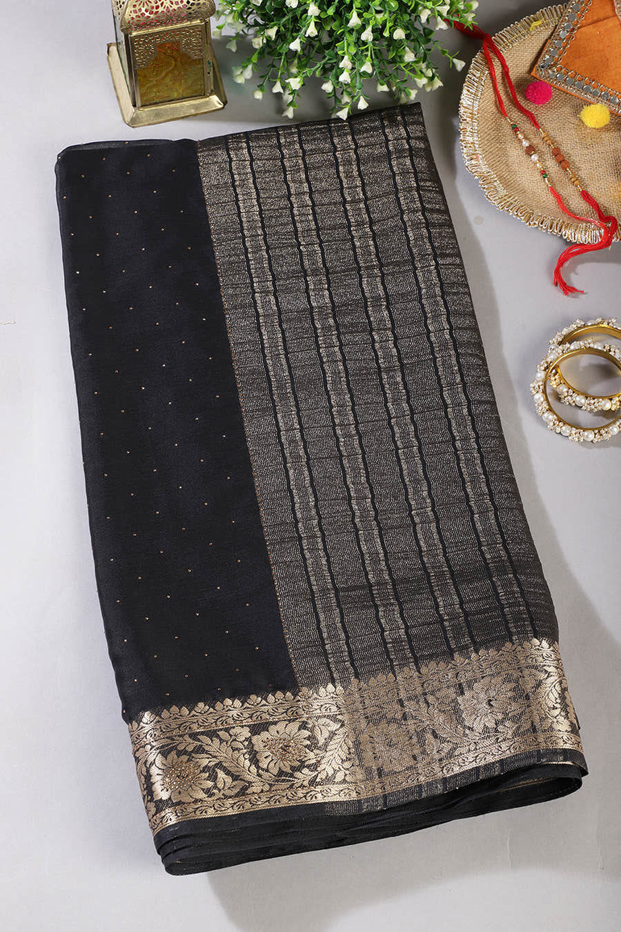 Black Chinon Crepe Swaroski Work Saree