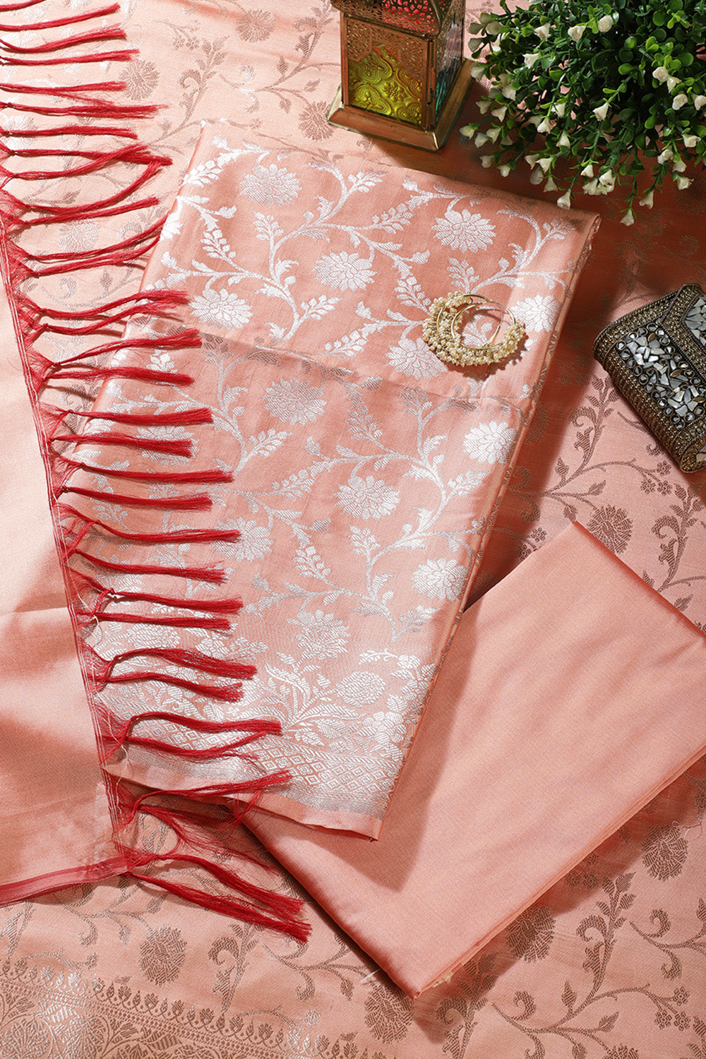 Peach Zari Floral Woven Unstitched Suit Fabric
