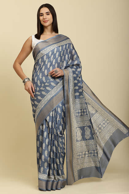 Blue Color Cotton Silk Boota Printed And Zari Woven Saree