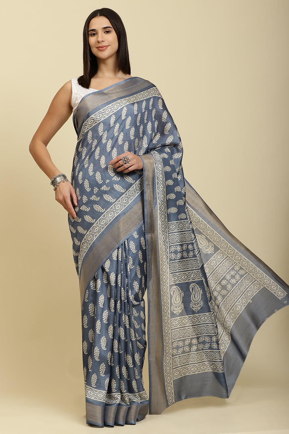 Blue Color Cotton Silk Boota Printed And Zari Woven Saree