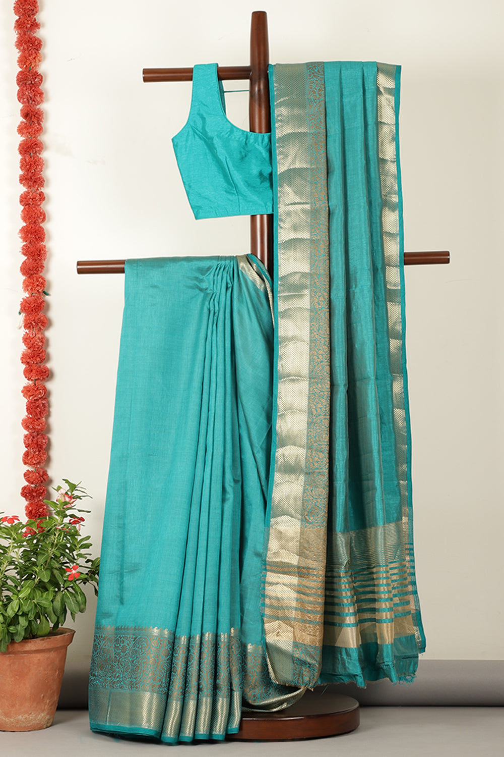 Teal Woven Cotton Silk Saree