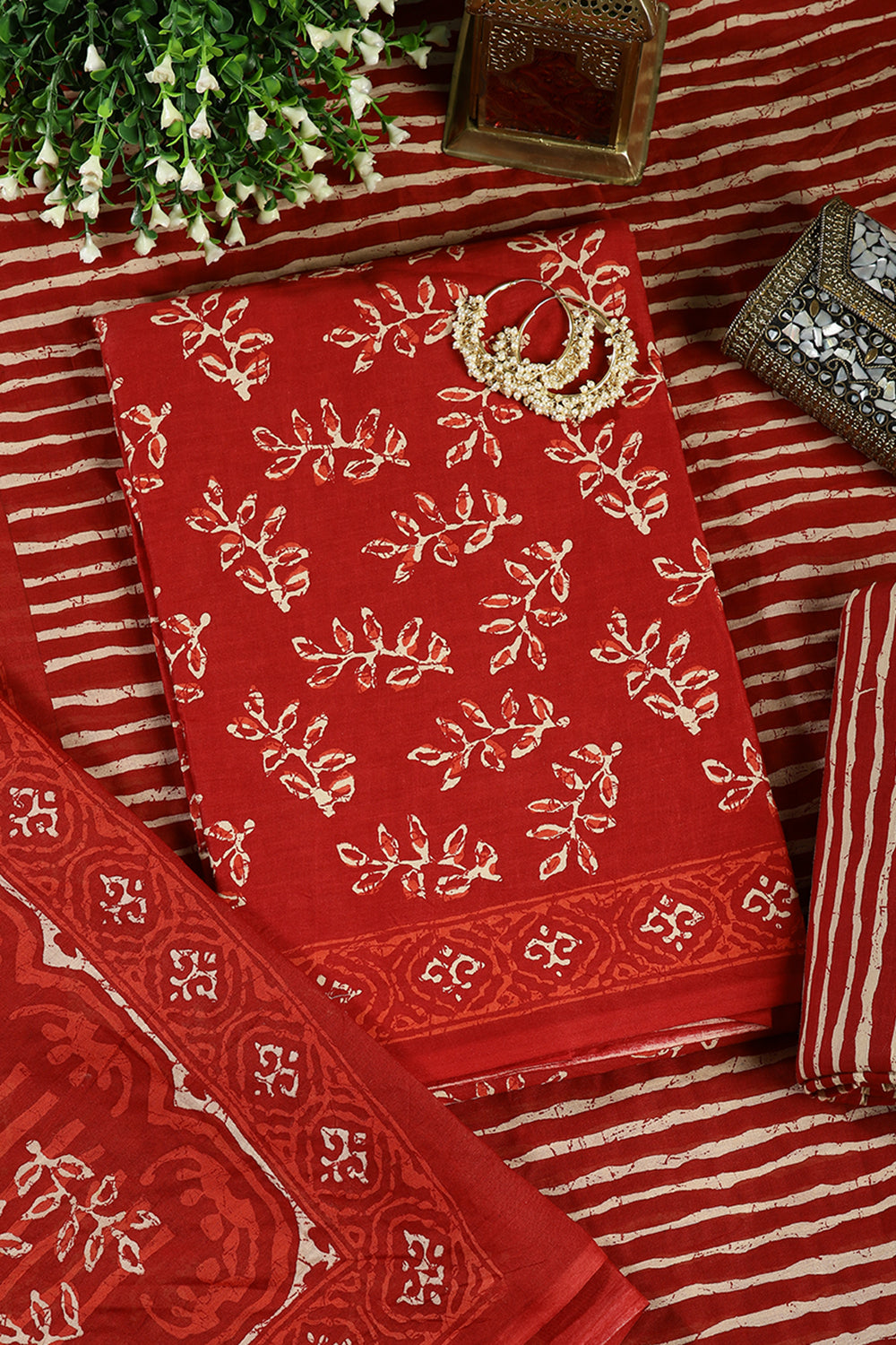Red Color Cotton Printed Unstitched Suit