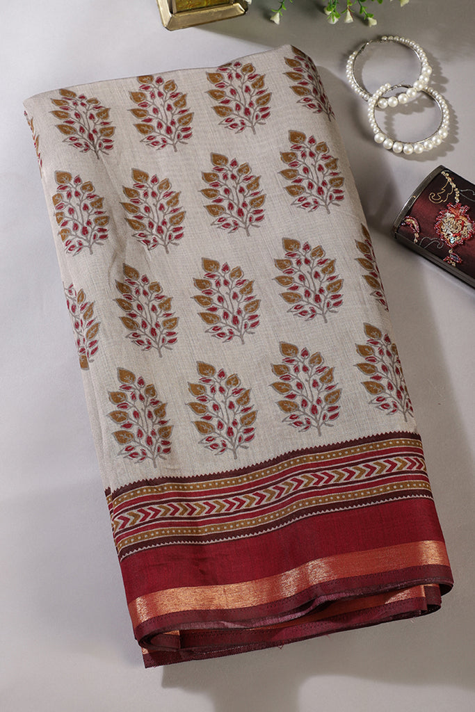 Grey Cotton Silk Printed Saree