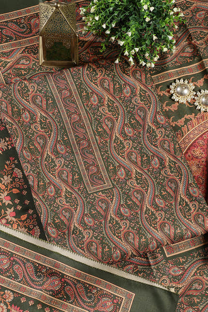 Green Color Pashmina Digital Printed Unstitched Suit Material