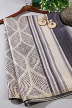 Beige & Navy Tussar Silk Printed Saree