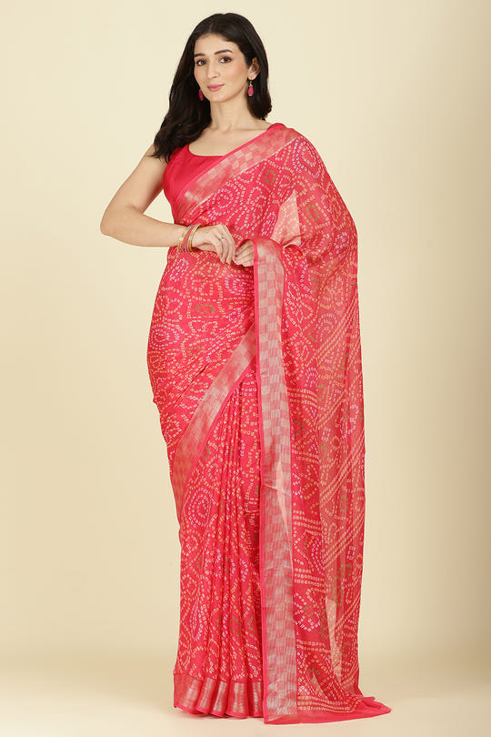 Fuchsia Pink Colour Chiffon Bandhani Printed Saree