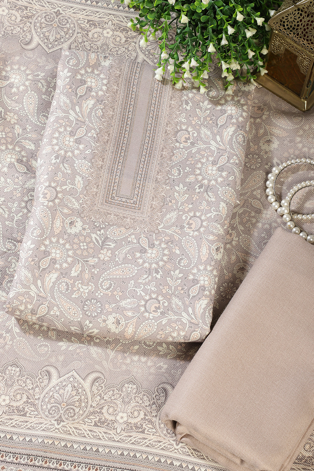 Light Beige Digital Printed Pashmina Unstitched Suit Material