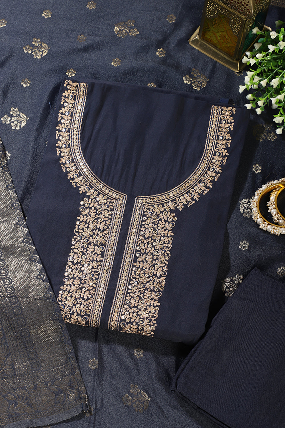 Navy Silk Neck Zari Embroidered Unstitched Suit Material