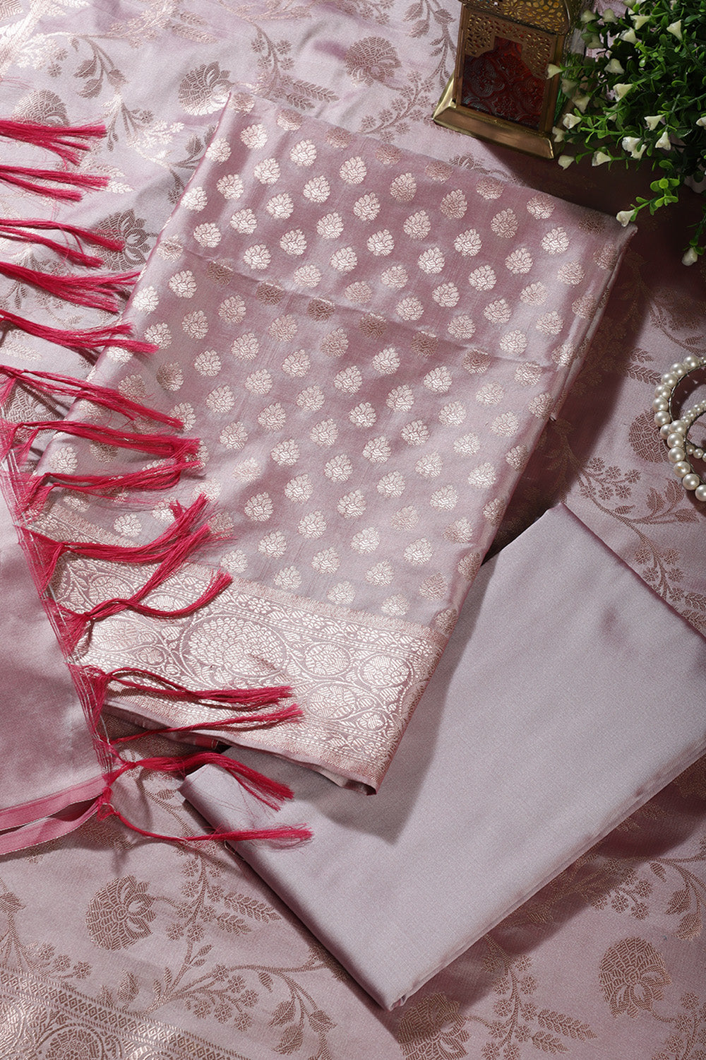 Light Mauve Silk Buta Motifs Woven Unstitched Suit Fabric