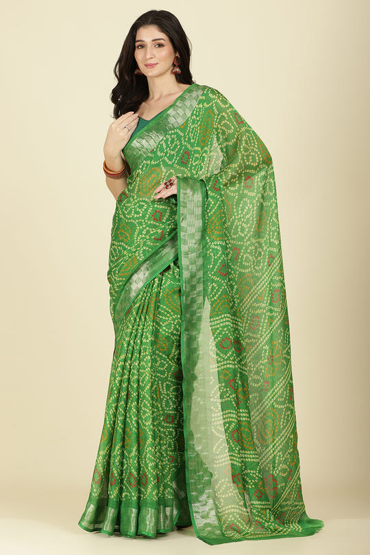 Muted Green Color Chiffon Bandhani Printed Saree