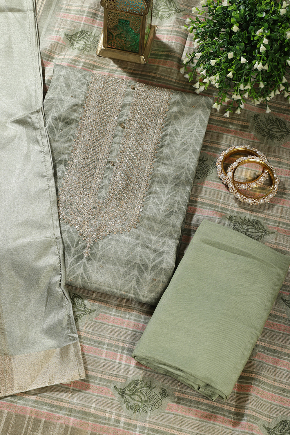 Olive Green Tussar Silk Neck Zari Embroidered & Printed Unstitched Suit Fabric
