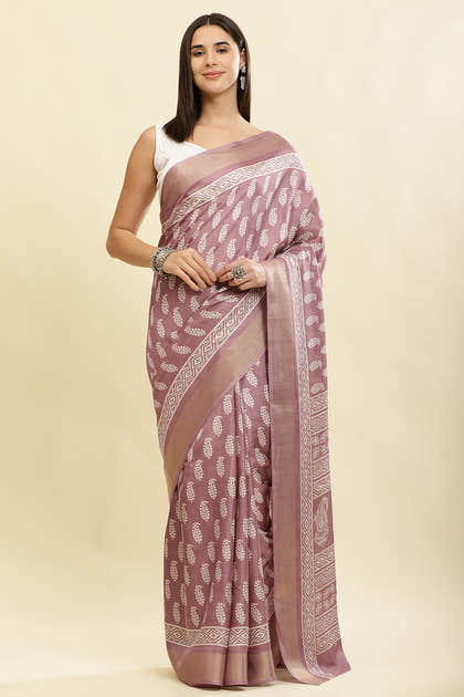 Mauve Cotton Silk Boota Printed And Zari Woven Saree