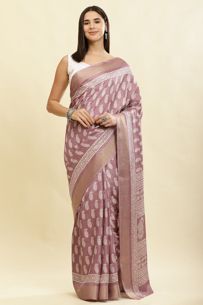 Mauve Cotton Silk Boota Printed And Zari Woven Saree