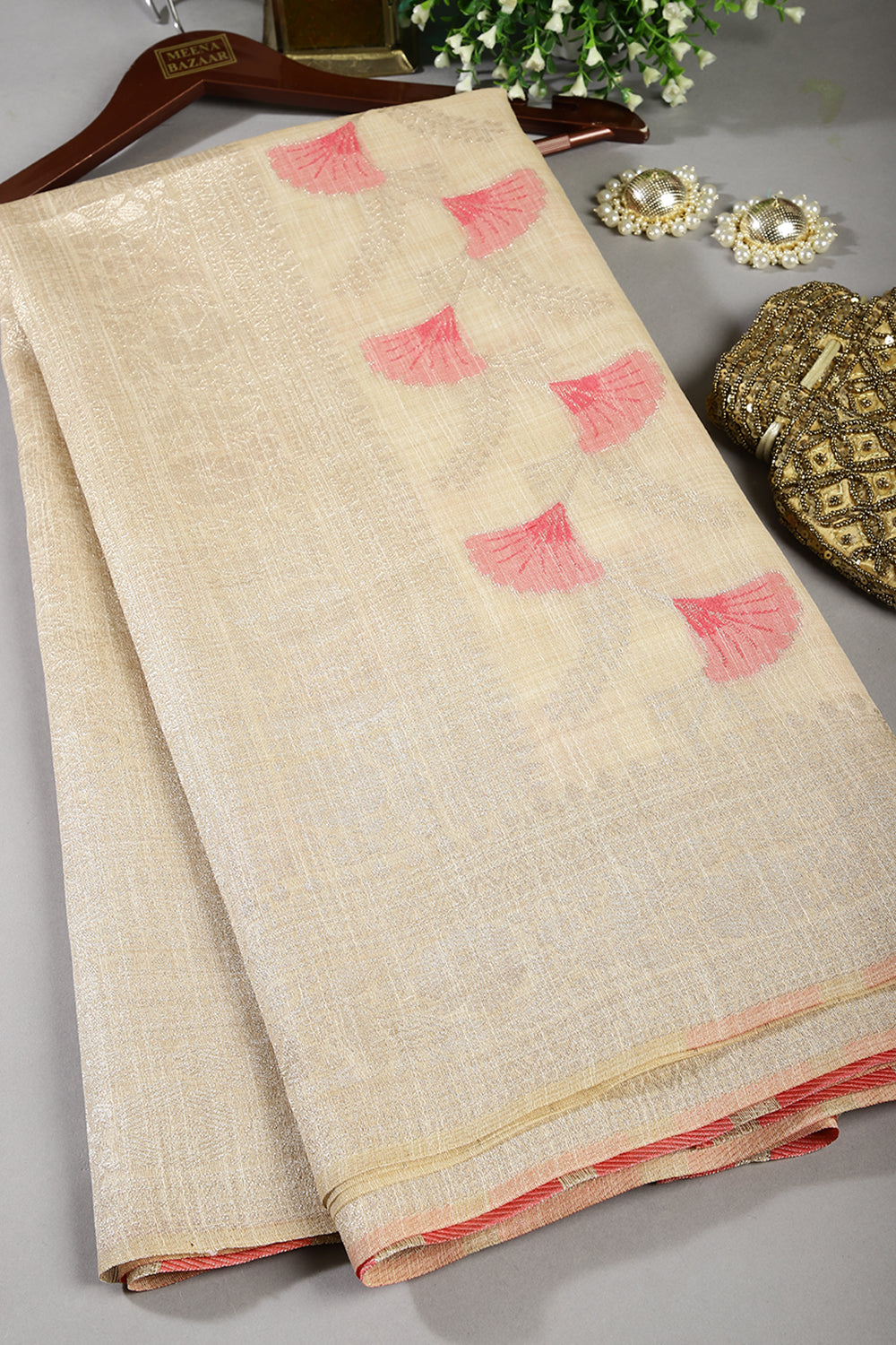 Beige & Pink Color Chanderi Cotton Zari Woven Saree