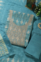 Turquoise Chanderi Silk Neck Embroidered Unstitched Suit Material