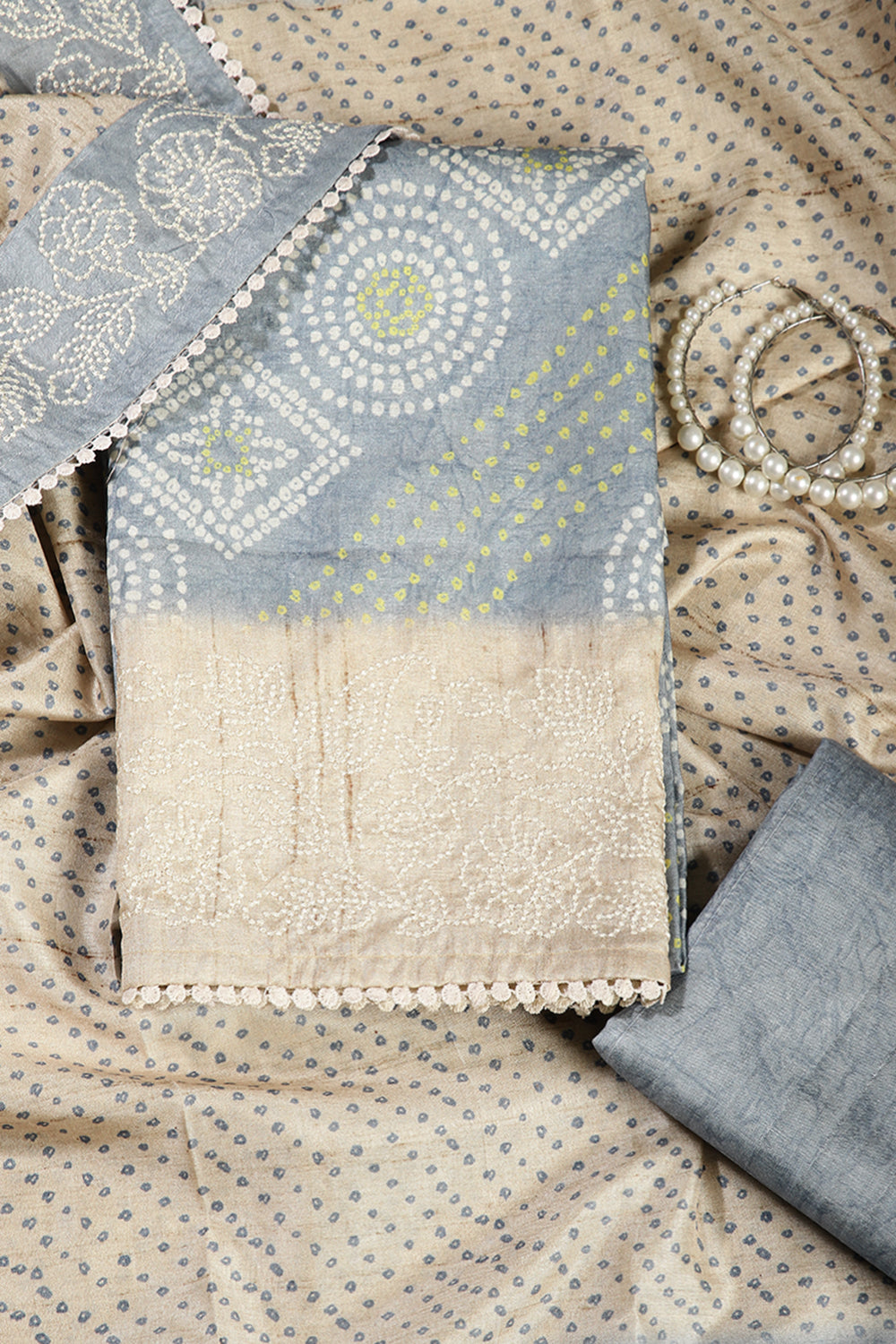 Grey Color Tussar Silk Bandhani Printed Unstitched Suit Material