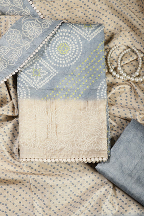 Grey Color Tussar Silk Bandhani Printed Unstitched Suit Material