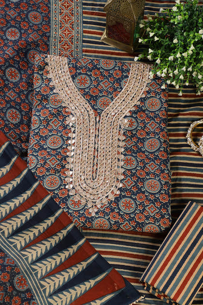 Navy Cotton Printed & Neck Embroidered Unstitched Suit Material