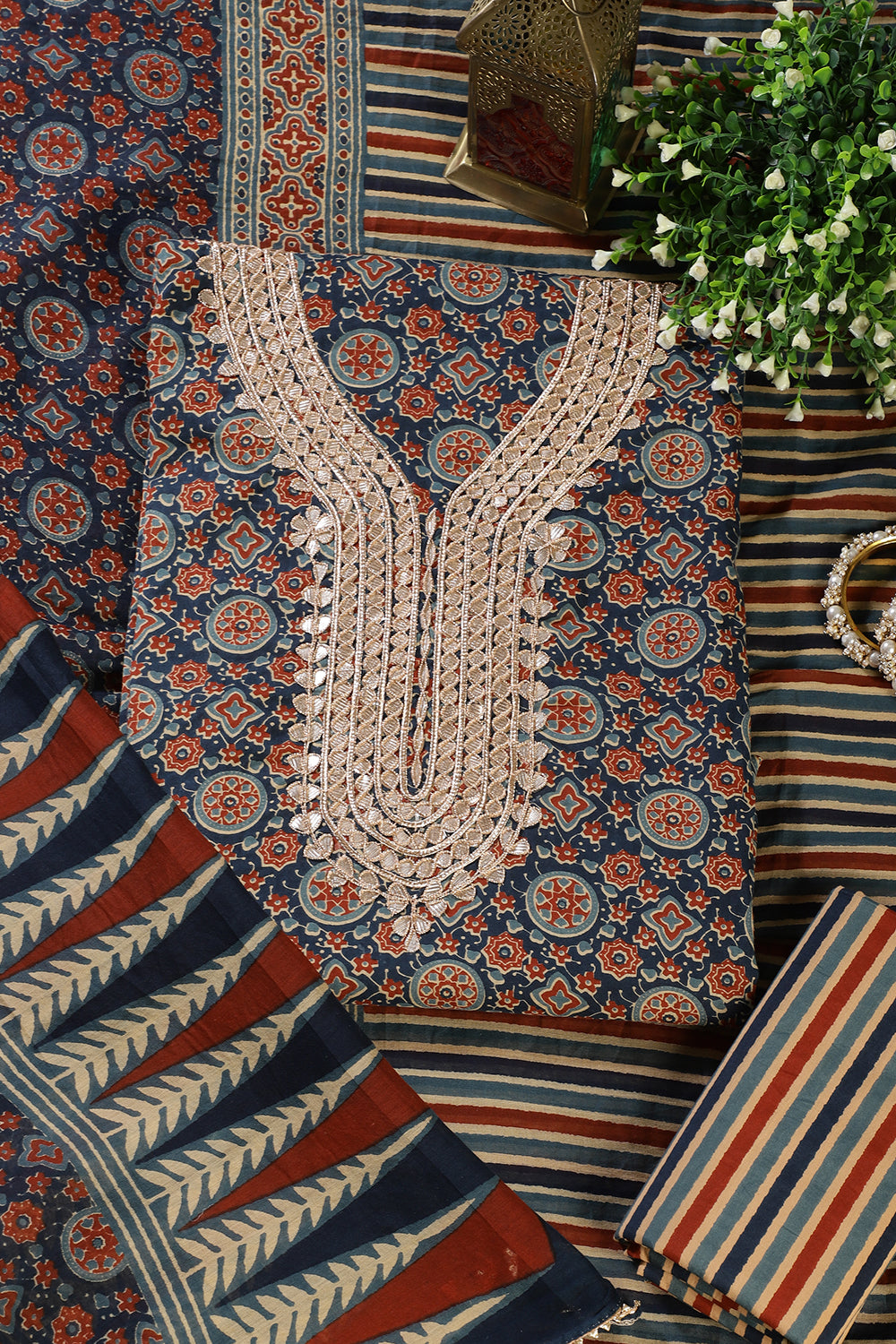 Navy Cotton Printed & Neck Embroidered Unstitched Suit Material