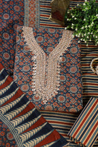 Navy Cotton Printed & Neck Embroidered Unstitched Suit Material