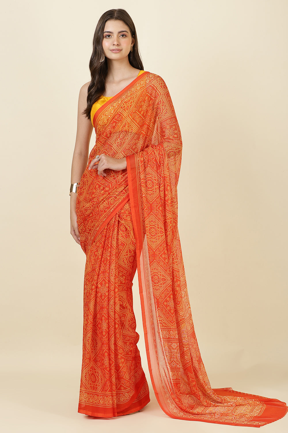 Orange Georgette Bandhani Printed Saree