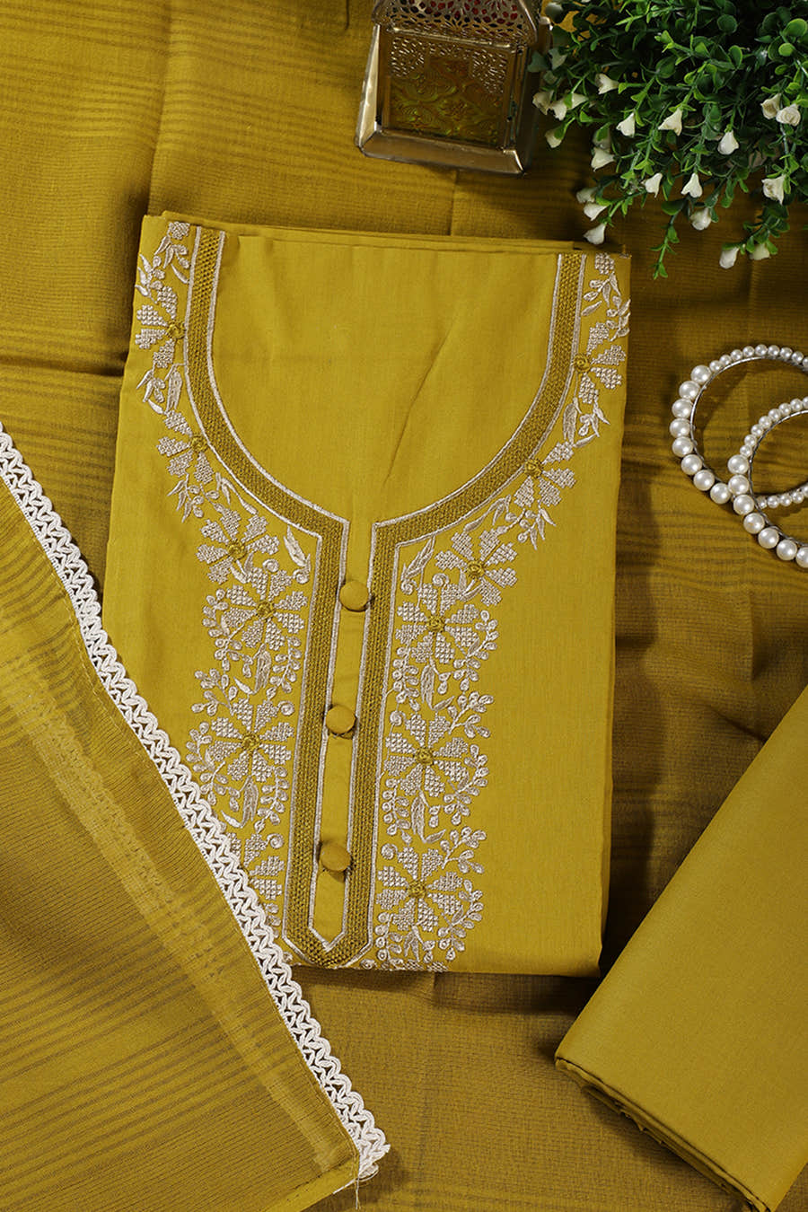 Brass Color Cotton Resham Embroidered Unstitched Suit