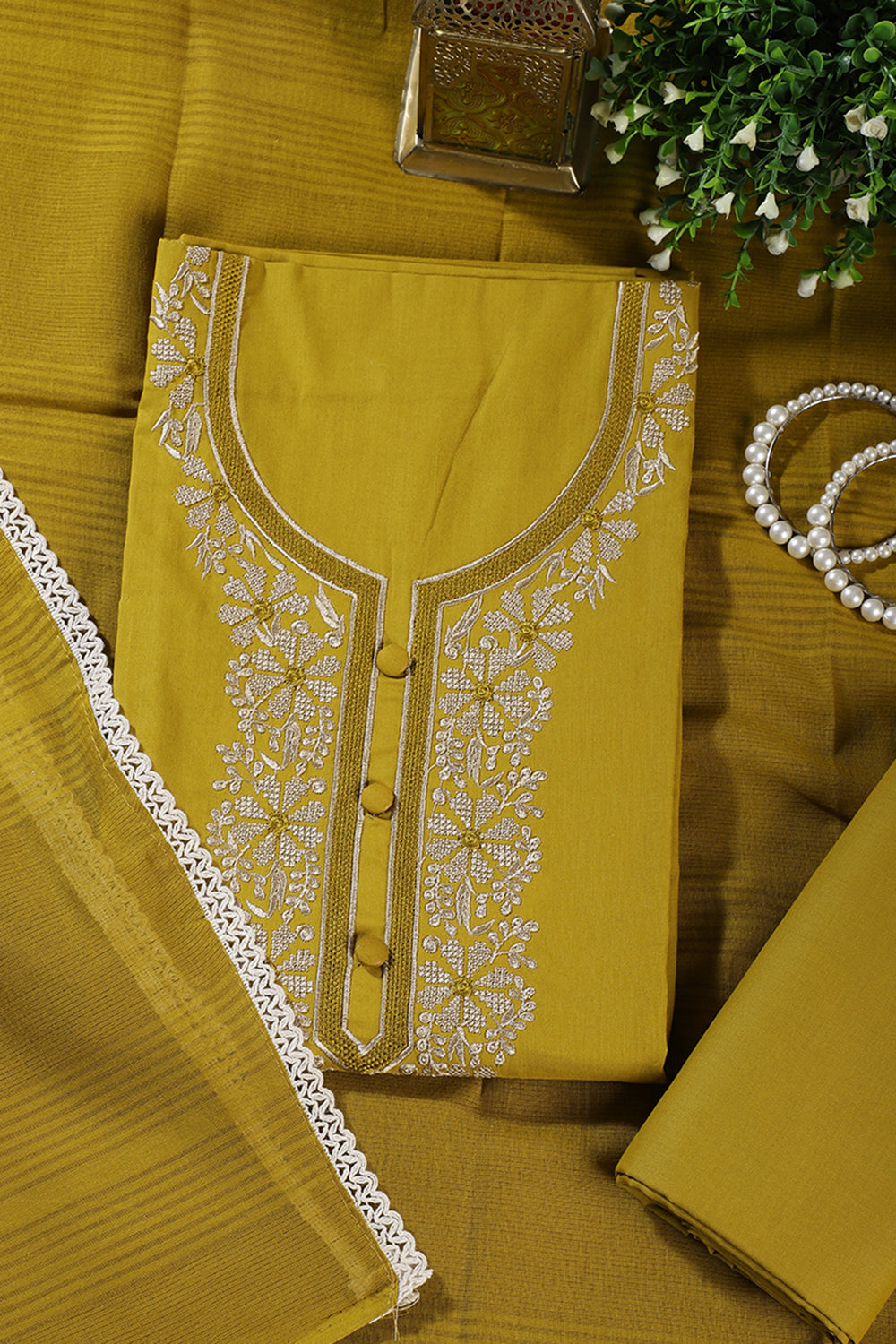 Brass Color Cotton Resham Embroidered Unstitched Suit